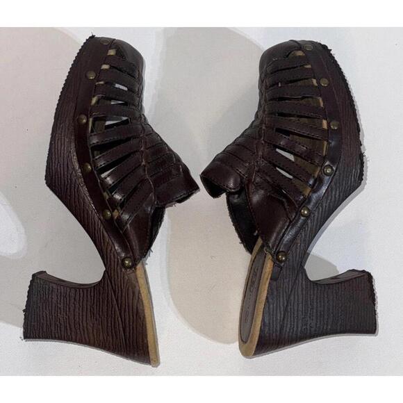 Route 66 Y2K 2000s Platform Chunky Brown Faux Leather Strappy Heel Mules Clogs - Picture 2 of 15